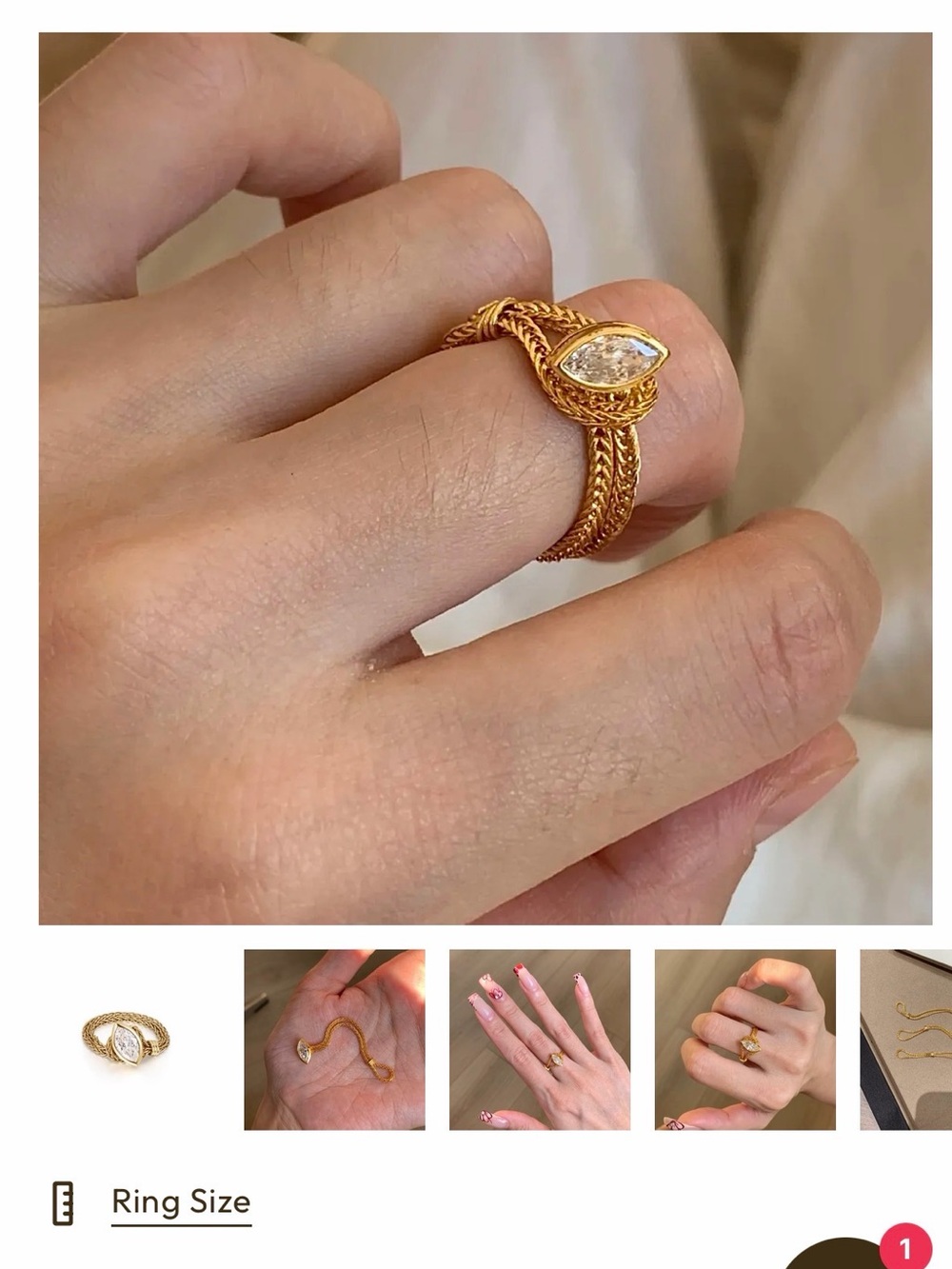 Gold Braided Teardrop Ring with Clear Stone